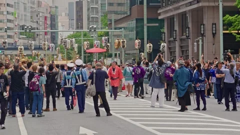 Police and Crowd at Lantern Intersection, Sanno Matsuri Procession Stock Footage 340209910