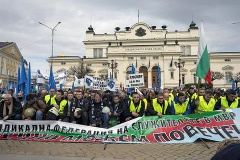 Police and firefighters protested outside the government, demanding higher wa Stock Photos