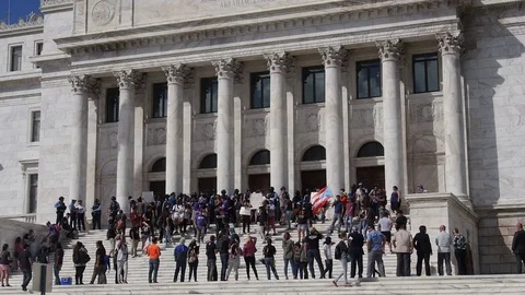 Police and protesters at protest against labo Stock Footage 72181228