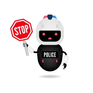 Police android robot character holding stop sign. Stock Illustration