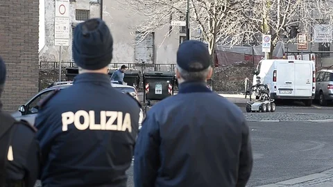 Police anti-explosive robot in action Stock Footage 105641314