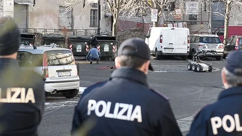 Police anti-explosive robot in action Stock Footage 105641427