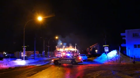 Police car and impressive structure fire Stock Footage 105291514