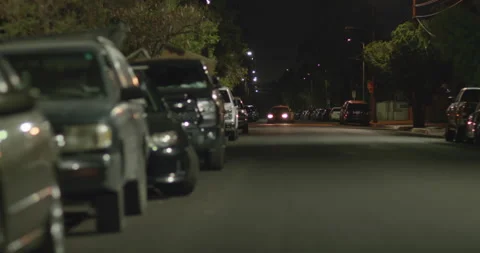 Police Car Canvasing Neighborhood At Night. Turns On Flashing Lights, Police Stock Footage