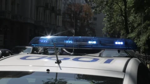Police car flashers, warning lights day time. Kiev, Ukraine new police car. no c Stock Footage 53124022