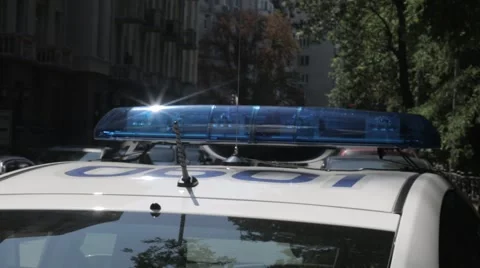 Police car flashers, warning lights day time. Kiev, Ukraine new police car. no c Stock Footage 53124028