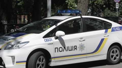 Police car flashers, warning lights day time. Kiev, Ukraine new police car. no c Stock Footage 53124149