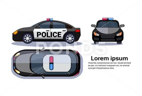 Police Car On White Background Isolated Top, Side And Front View Over Copy Space Stock Illustration