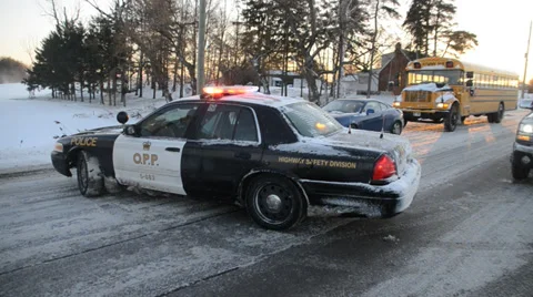Police Car in Winter at Roadblock 스톡 동영상 36630713