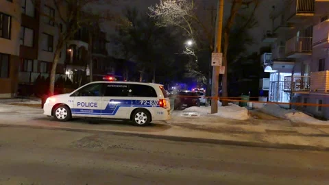 Police caravan blocking street during winter Stock Footage 139664139