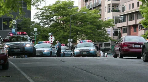Police cars at crime scene Seattle urban road tourist district HD 6744 Stock Footage