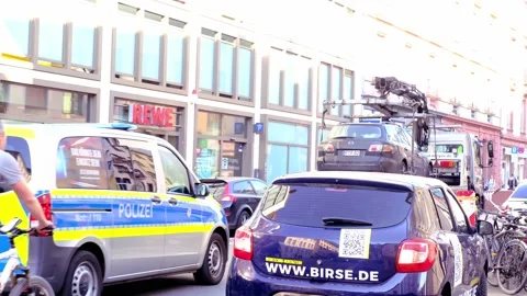 Police cars on streets of germany, law enforcement officers guarding order on Stock Footage