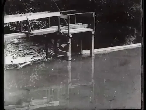Police chase the robbers trying to escape by swimming through pond - 1905 Stock Footage