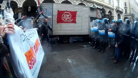 Police clashes and demonstrators in the May Day procession Stock Footage 88965858