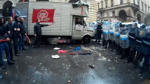 Police clashes and demonstrators in the May Day procession Stock Footage 88965949