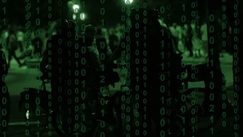 Police controlling a crowd with binary computer code scrolling Stockbeeldmateriaal 109514581