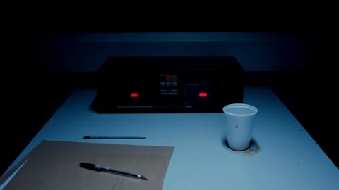 Police Custody Interrogation Interview Room - Slow Track Away From Table Stock Footage 114795776