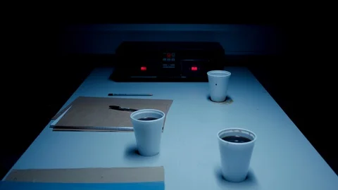 Police Custody Interrogation Interview Room - Track in to Cassette Recorder Stock Footage 114795783