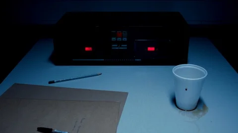 Police Custody Interrogation Interview Room - Close Track Over Coffee Cups Stock Footage 114795995