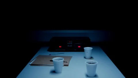 Police Custody Interrogation Interview Room - Slow Track Back Along Table Stock Footage 114796067