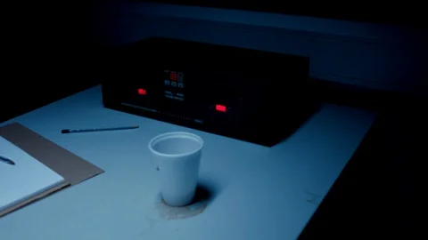 Police Custody Interrogation Interview Room - Track Across Table Stock Footage 114796314