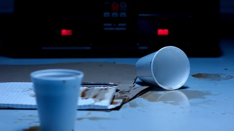 Police Custody Interrogation Interview Room - Detective Tidies After Altercation Stock Footage 114797560