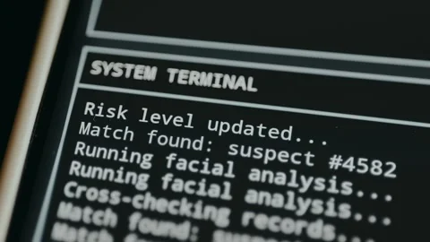 Police Database System Terminal displaying facial recognition activity Stock Footage 332460577