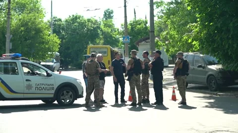Police Document Check at Security Checkpoint in Ukrainian City Stock Footage 244919809