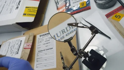 Police expert examines bullet cap with magnifying glass in scientific laboratory Stock Footage 108259876