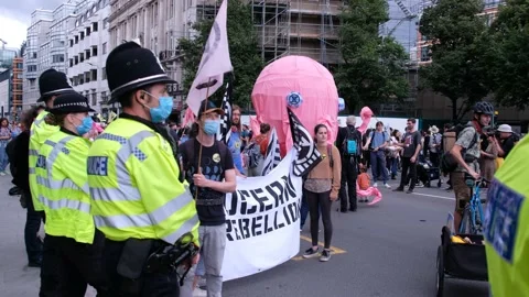 Police facing Pink Octopus at Extinction Rebellion Animal Rights March Stock Footage 160171214