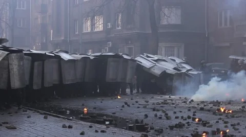 Police force hiding behind shields on riots. Kiev 16.03.2014 Stock Footage