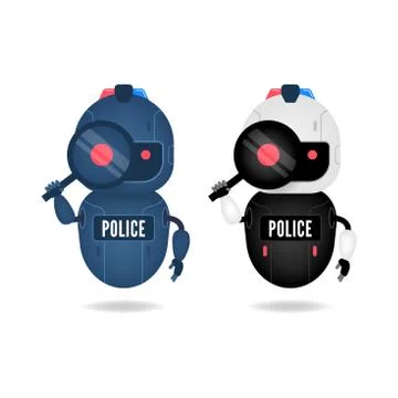 Police friendly android robot looking through the magnifying glass. Search co Stock Illustration