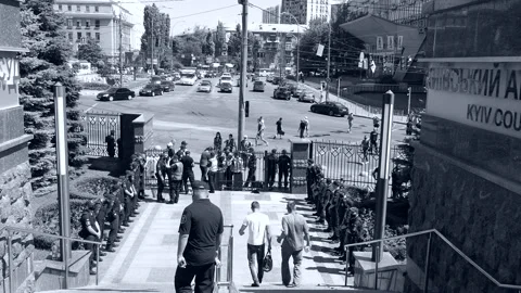 Police guards, squad, group, team, service, security - on duty before the court. Stock Footage 134262642