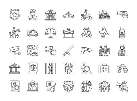 Police Icon Set. Represent various aspects of  public services and law enfo.. Stock Illustration