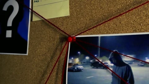 Police investigation board with red thread connecting crime evidence Stock Footage 342044616