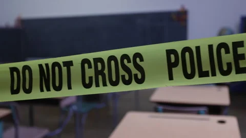 Police line do not cross close up in school after tragedy Stock Footage 315263052