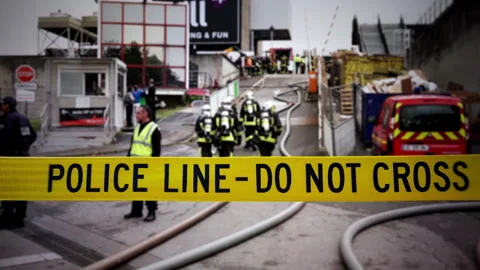 Police Line Do Not Cross Emergency Scene With Firefighters Working Stock Footage 318515818