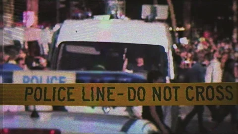 Police Line Do Not Cross Tape Blocking View In Crowded Street, Retro Style Stockbeeldmateriaal 336388262
