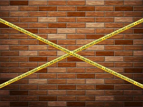 Police line tape on bricks background Stock Illustration