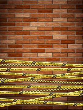 Police line tape on bricks background Stock Illustration