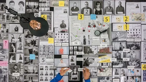 Police looking photos, documents and physical evidence. View from above. 库存影片 80933843
