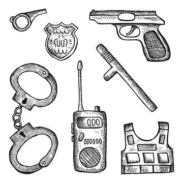 Police objects set vector sketches Stock Illustration
