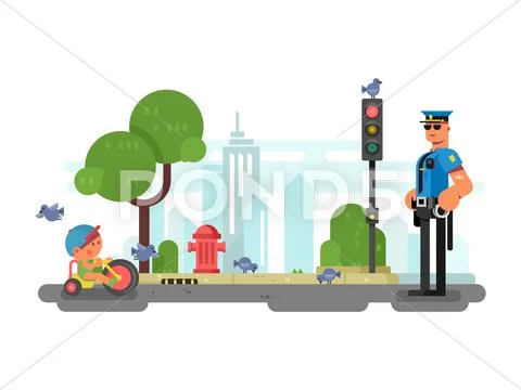 Police officer on the city street Stock Illustration
