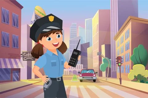 Police officer happy girl working on city street, kid policeman managing road Stock Illustration