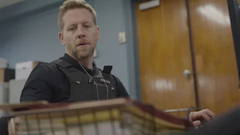 Police officer picks up file off of the stack Stock Footage 269094372