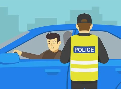 Police officer pulls over a drunk male driver for the purpose of alcohol testing Stock Illustration