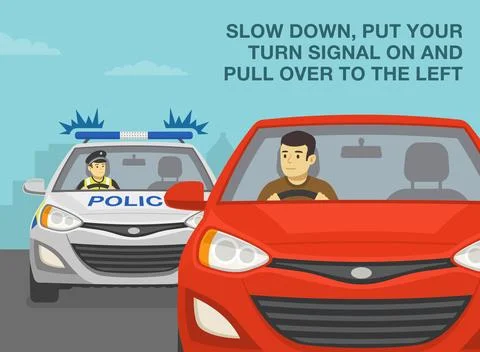 Police officer pulls over a red sedan car on a city road. Slow down. Stock Illustration