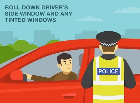 Police officer pulls over a red car on a road. Roll down driver's side window. Stock Illustration