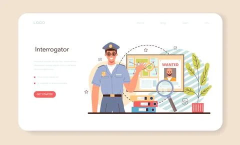 Police officer web banner or landing page. Detective making interrogation Illustrazione stock