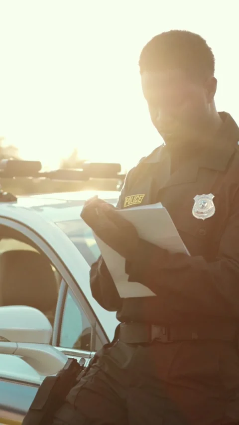 A police officer writes notes at sunset, showcasing commitment and 動画素材 313774652